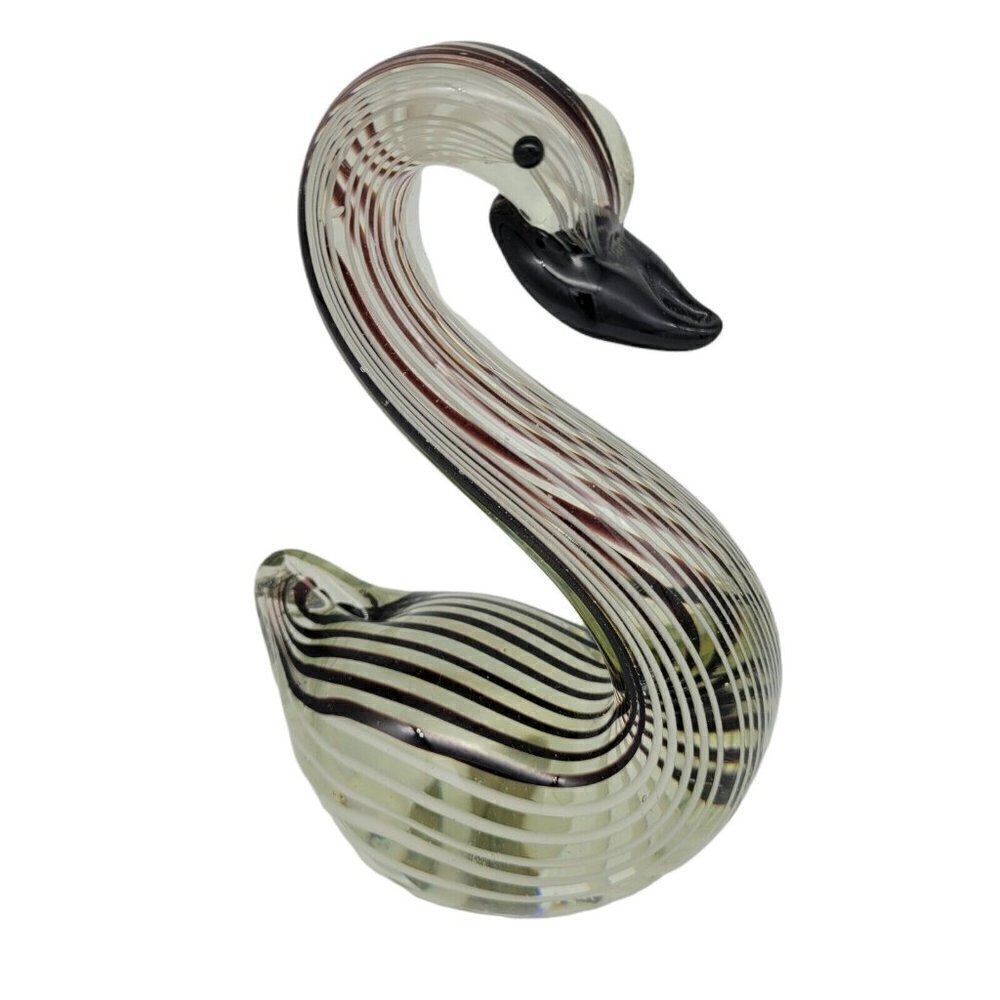 Hand Blown Art Glass Swan Black White Striped On Clear Smooth Pontil Collectable - Picture 1 of 8